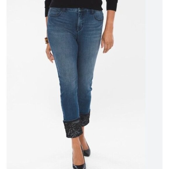 CHICO'S so slimming diamond fit sequin lace cuff girlfriend ankle jeans size 0.5 - Picture 5 of 7
